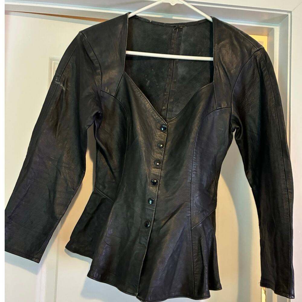 Vintage Frenzy Santa Barbara Genuine Leather Peplum Shacket USA Made Button